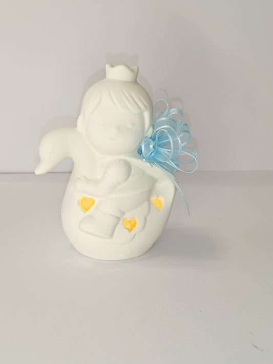 Principe sul cigno con cuori e luci Led in porcellana, confezionato con scatola e confetti